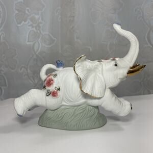 Vintage Ceramic Elephant Running White Floral Gold Husks #1